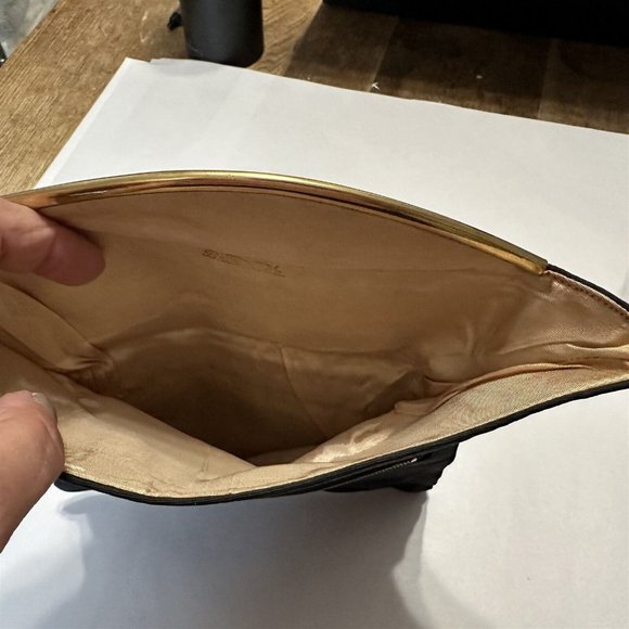 Vintage Clutch Fold Over Foldover Brite Mode Black Formal Evening Gold Trim - Picture 4 of 7